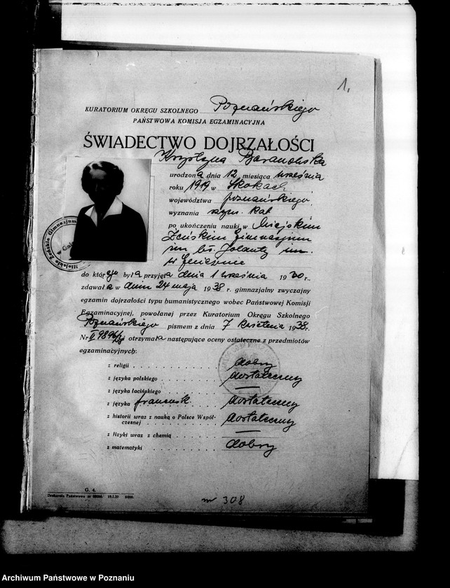 Obraz 5 z jednostki "Miejskie Gimnazjum Żeńskie imienia Błogosławionej Jolanty- Gniezno- [w tym protokoły egzaminów dojrzałości i świadectwa dojrzałości z 1938 roku]"