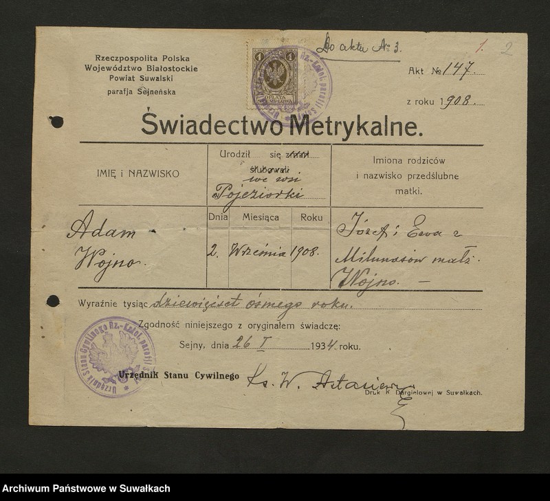 image.from.unit.number "Dokumenty do aktów zaślubionych Rzymsko Katolickiej parafji Smolanskiej za rok 1934"