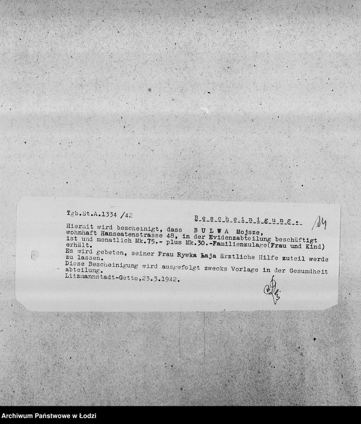 Obraz 17 z jednostki "[Kopie zaświadczeń dla pracowników Wydziałów Ewidencji o zatrudnieniu, wysokości poborów, potrąceniach za komorne, przydziałach żywnościowych i inne]"