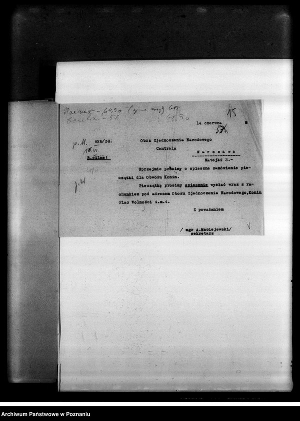 Obraz 18 z jednostki "Materiały programowe Obozu Zjednoczenia Narodowego - odezwy, korespondencja w sprawach organizacyjnych i personalnych"