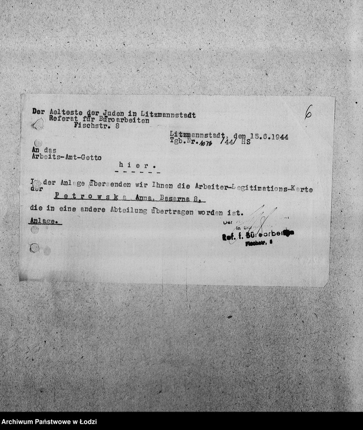 Obraz 9 z jednostki "[Korespondencja z Wydziałem Pracy i z PSŻ w sprawach personalnych i aprowizacyjnych Referatu Prac Biurowych]"