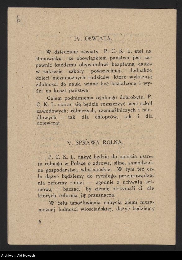 Obraz 8 z jednostki "Polskie Centrum Katolicko-Ludowe. Odezwa, program, zestawienie wydatków (maszynopisy, broszurka); patrz t.1709"