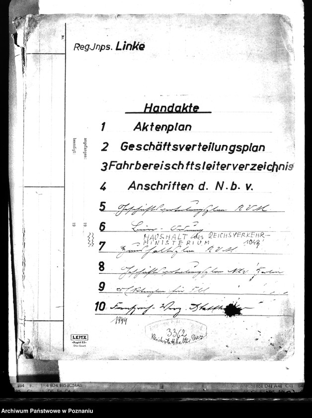 Obraz 4 z jednostki "Reg. Inspektor Linke - Handakte. Aktenplan."