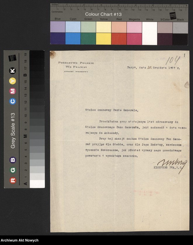 Obraz z jednostki "Kleeberg Juliusz, pułkownik, attache wojskowy Ambasady RP w Paryżu. Przesyłka listu, życzenia."