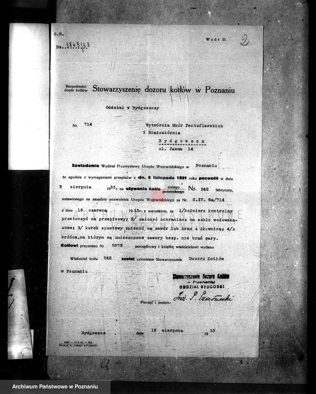 Obraz 8 z jednostki "Wytwórnia skór pantoflarskich i białoskórnia w Bydgoszczy - nr woj. kotła 714"