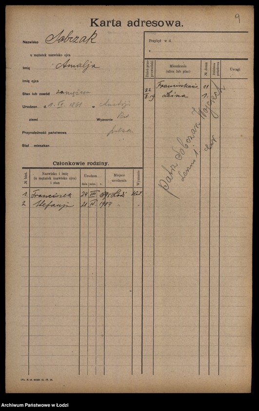 Obraz 11 z jednostki "[Spis ludności Łodzi] Sobczak"
