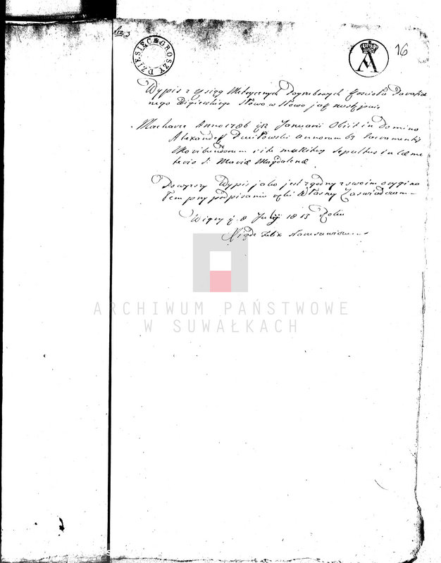 image.from.unit.number "Dowody do Aktów Małżeństwa Gminy Wigierskiey od dnia 1 Maja 1813 do dnia ostatniego kwietnia 1814 Roku."