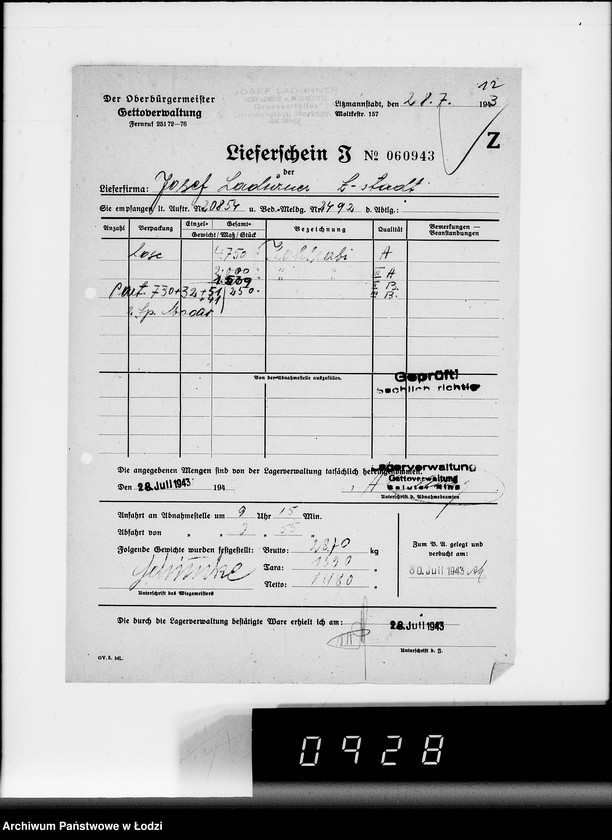 Obraz 16 z jednostki "Lebensmitteleinkauf, Aufträge, Lieferscheinen und Rechnungen 20832-20856 [Dostawa warzyw do Getta]"