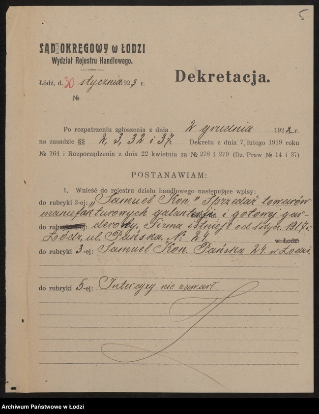 Obraz 7 z jednostki "Samuel Kon- sprzedaż towarów manufakturowych, galanterii i gotowej garderoby"