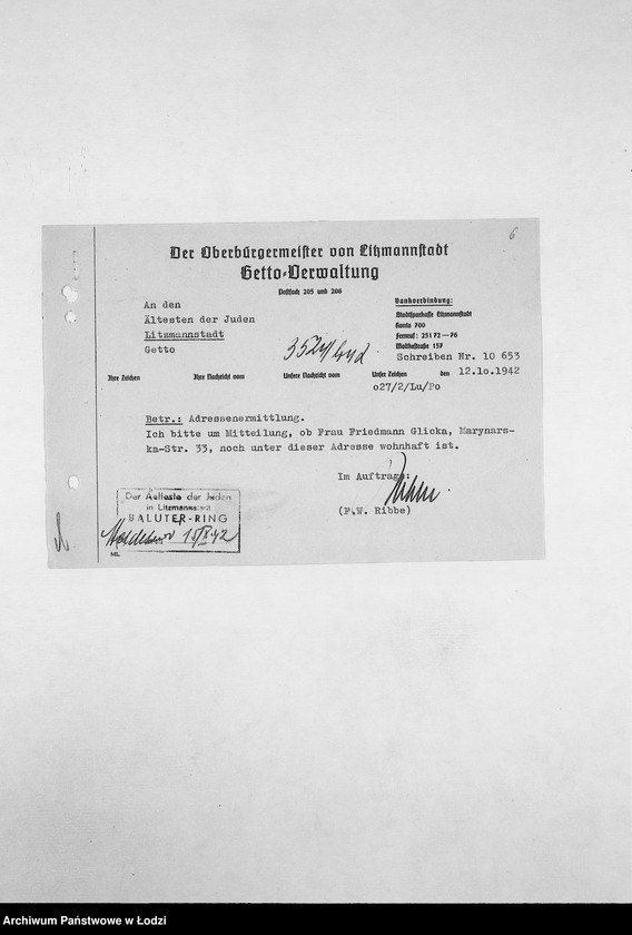 Obraz 9 z jednostki "[Korespondencja PSŻ z GV, z instytucjami i firmami niemieckimi w sprawie informacji o mieszkańcach getta: ich adresach, majątku, narodowości itp. – w związku z rentami i wierzytelnościami]"