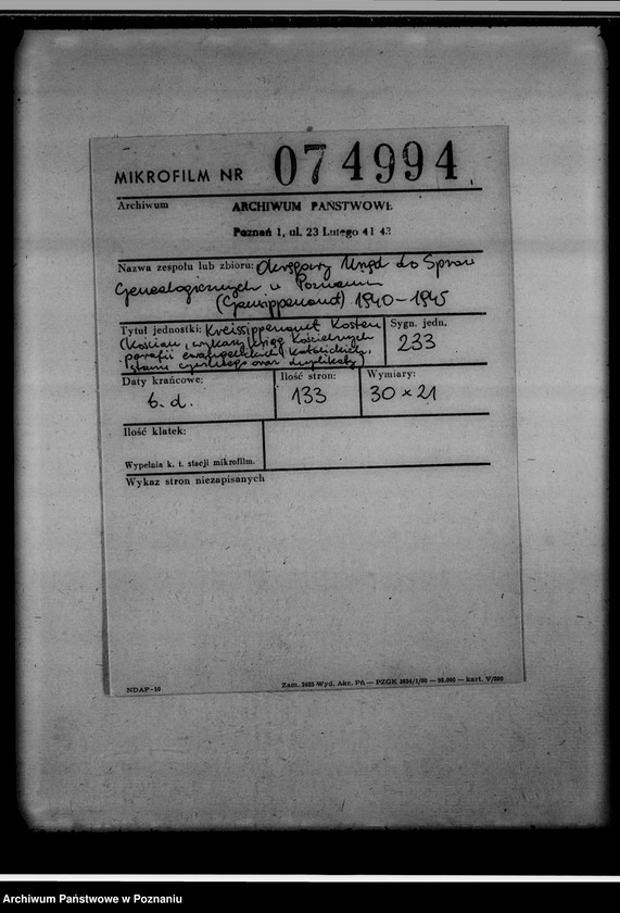 Obraz 2 z jednostki "Kreissippenamt Kosten [Kościan, wykaz ksiąg kościelnych parafii ewangelickich, katolickich, stanu cywilnego oraz duplikatów]"