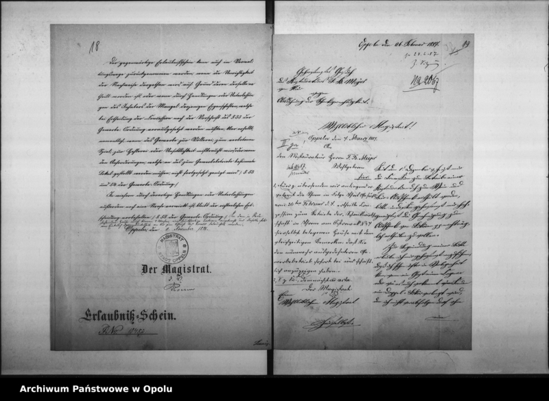 Obraz 18 z jednostki "Acta des Magistrats zu Oppeln betreffend den Wein - Bier - Ausschank im Hause No 7 Ostrowek durch F.B. Meyer Vol. I"