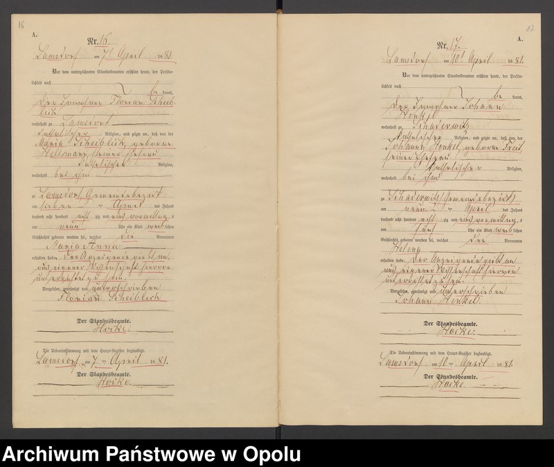 image.from.unit.number "Geburts-Neben-Register des Standesamts Lamsdorf No 15 pro 1881"