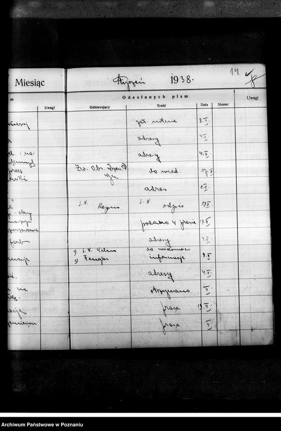 Obraz 18 z jednostki "Rejestr nadchodzących i wysyłanych pism przez Stronnictwo Narodowe i Obóz Wszechpolski"