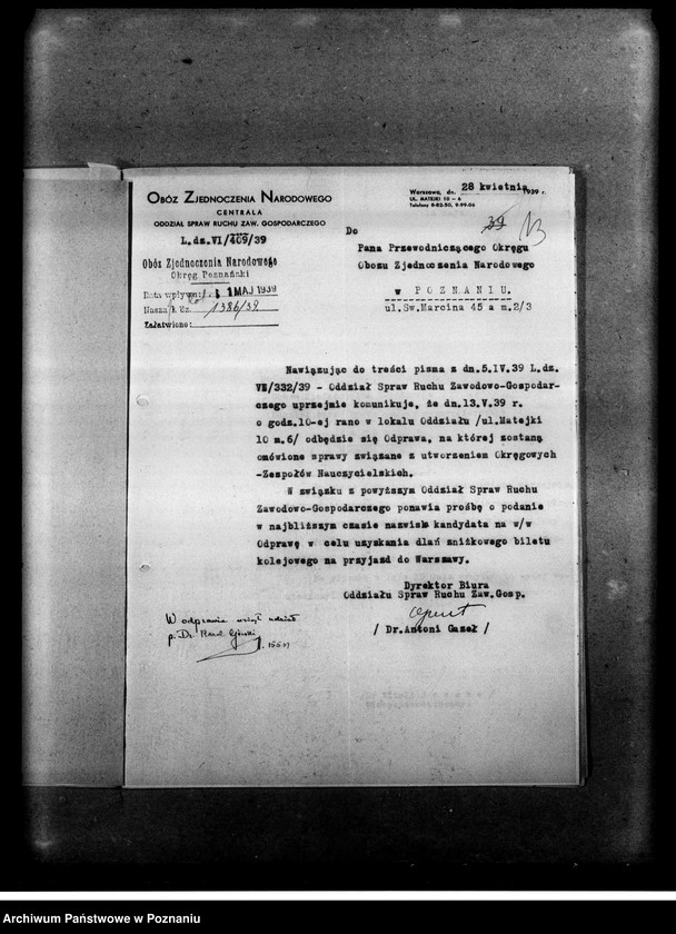 Obraz 16 z jednostki "Pisma okólne, instrukcje oraz korespondencja dotycząca organizacji i zadań zespołów nauczycielskich Obozu Zjednoczenia Narodowego. Listy obecnych na odprawach delegatów w/w sprawie"