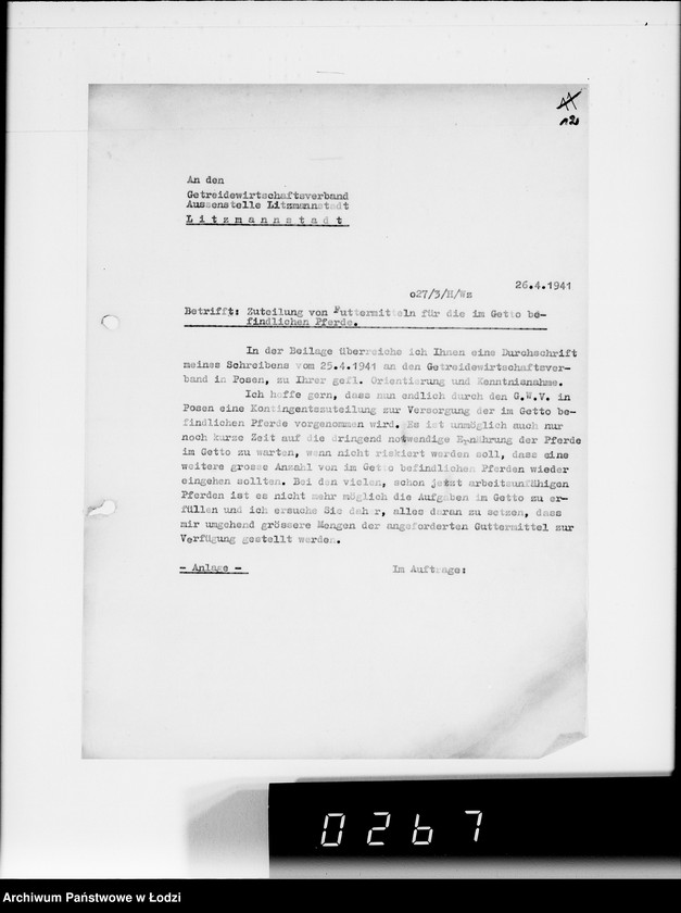 Obraz 16 z jednostki "Zuteilung von Futtermittel für die im Getto befindlichen Pferde."