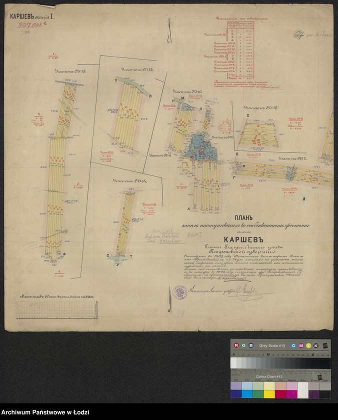 Obraz 1 z jednostki "Plan´ zemel´ postupivšich v´ sobstvennost´ krestian selenia Karszew gminy Bałucz, laskago uezda petrokovskoi gubernii"