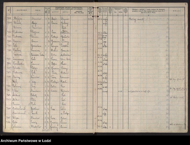 Obraz 11 z jednostki "Księga kontroli ruchu ludności (rejestr osób przybywających do gminy) Łódź, komisariat XI, ks. III, nr 7148-9187"