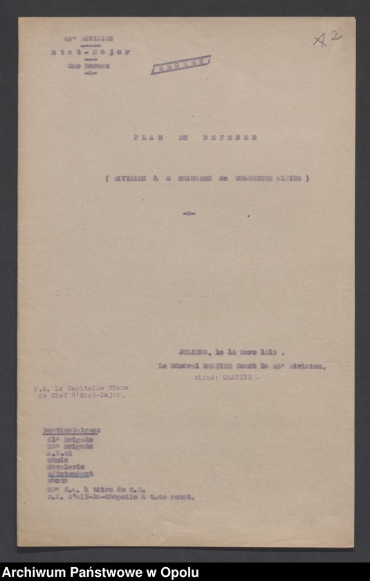 Obraz 4 z jednostki "Plan de Defense Division a 2 Brigades de Chasseurs Alpins/ /Plan obrony strefy Juliers oraz zarządzenia i instrukcje dotyczące okupacji Nadrenii/ t. II XII. 1918-I. 1919"