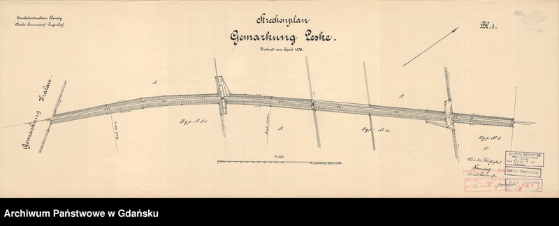 image.from.unit.number "Eisenbahndirektion Danzig. Strecke: Simonsdorf - Tiegenhof. Streckenplan. Gemarkung Leske. Zustand vom April 1908. Blatt 1"