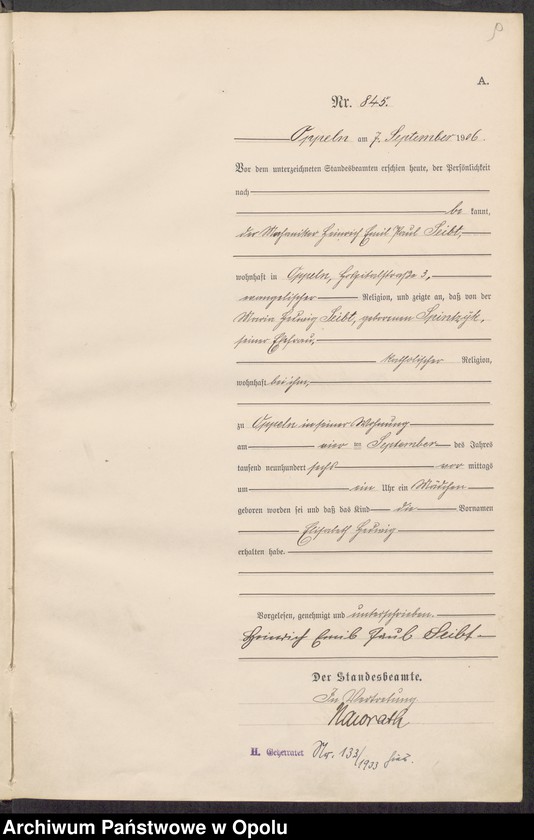 Obraz 13 z jednostki "Urząd Stanu Cywilnego w Opolu 1906 Rejestr Urodzeń miejscowa Nr 838 do 1264"