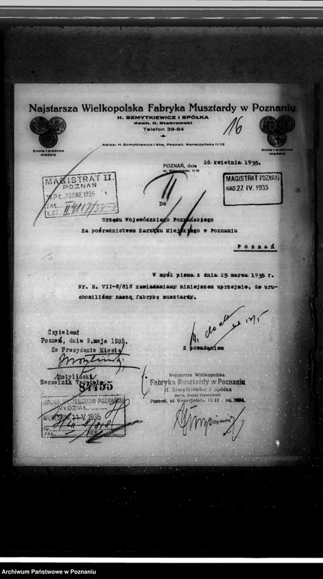 image.from.unit.number "Zatwierdzenie zakładu przemysłowego /fabryki musztardy/ Szmytkiewicz i Spółka w Poznaniu"