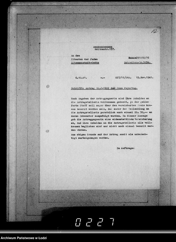 Obraz 16 z jednostki "J 1801-1820 [Wnioski Żydów z Getta o zwrot należności za towar wzięty na kredyt]"