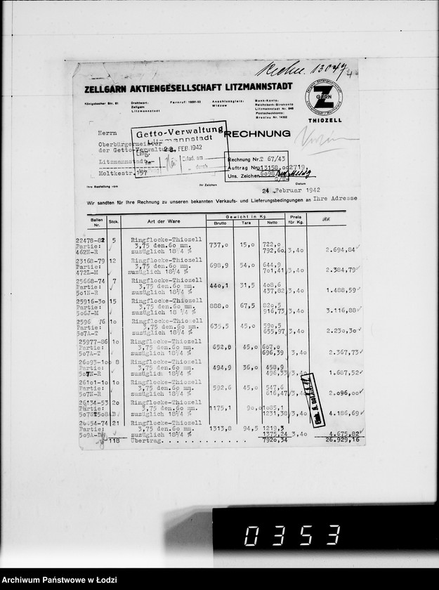 Obraz 8 z jednostki "Rechnungen zu Aufträge. Ziegenhagen [za dostawy towarów dla Getta]"