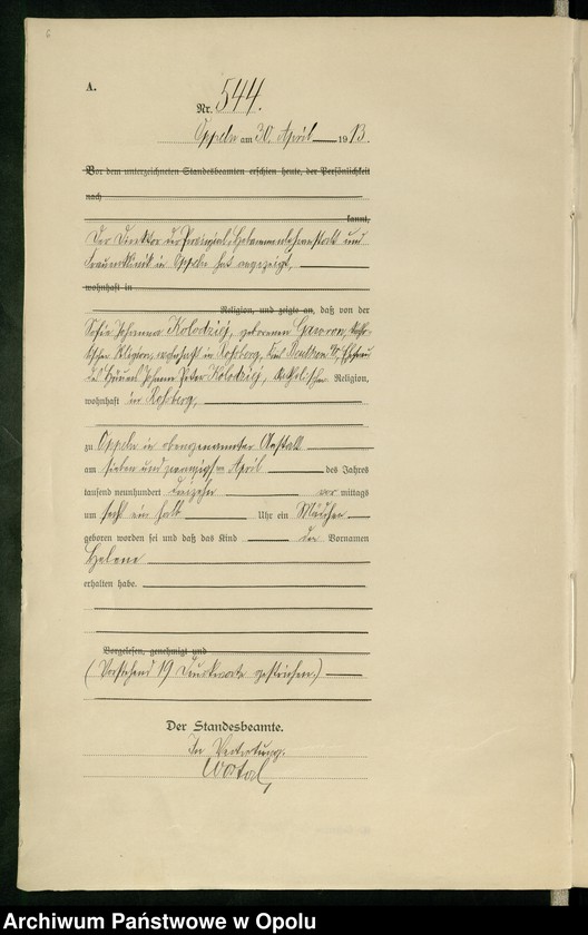 Obraz 10 z jednostki "Urząd Stanu Cywilnego Opole Księga Urodzeń Rok 1913 540-1057"