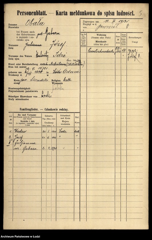 Obraz 7 z jednostki "[Spis ludności Łodzi] Obalska-Ochocki"