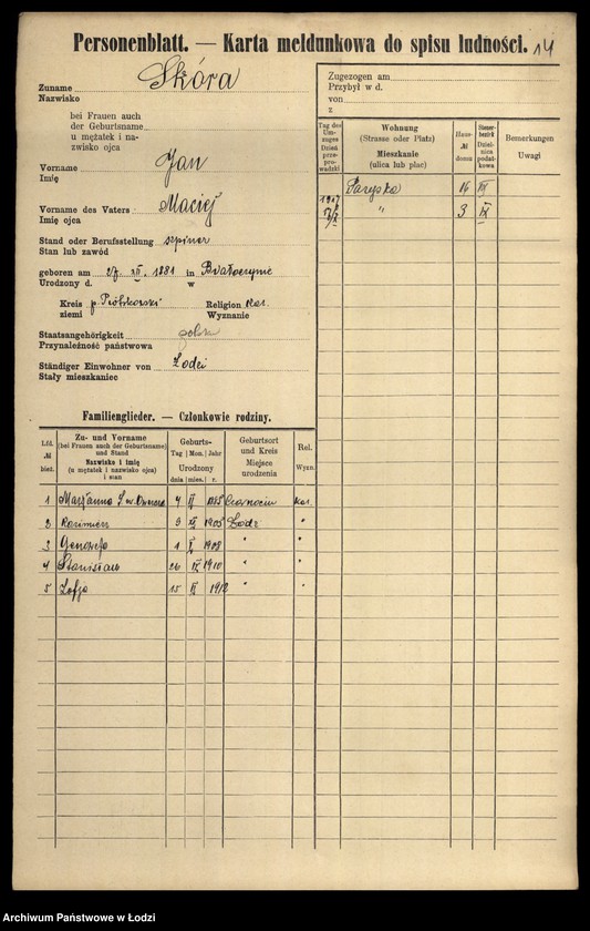 Obraz 16 z jednostki "[Spis ludności Łodzi] Skóra-Slązak"
