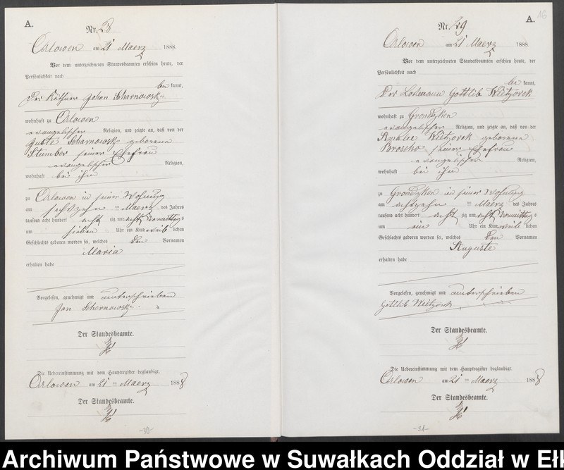 image.from.unit.number "Geburts-Neben-Register des Preussischen Standes-Amtes Orlowen Kreis Loetzen für das Jahr 1888"