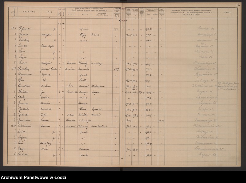 Obraz 18 z jednostki "Księga kontroli ruchu ludności (rejestr osób przybywających do gminy) Łódź, zespół III lit. H, I, J, L, Ł"