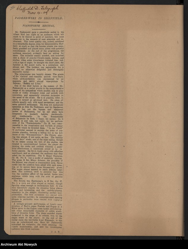image.from.unit.number "Angleterre 1909. Wycinki prasowe dotyczące koncertów w Anglii i Szkocji"