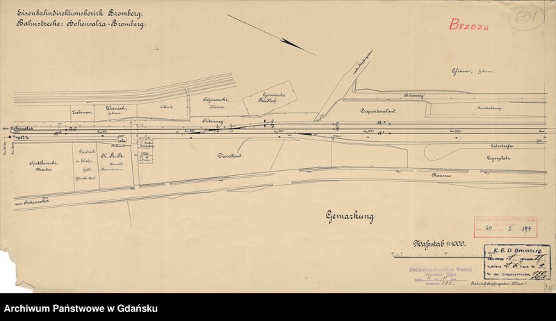 image.from.unit.number "Eisenbahndirektionsbezirk Bromberg. Bahnstrecke: Hohensalza - Bromberg. Bahnhof Hopfengarten. Kreis Bromberg. Regierungsbez. Bromberg. Mitte Empfangsgeäude km 29,86. Telegr. Abkürz. Hpg. Zustand im Juli 1913"