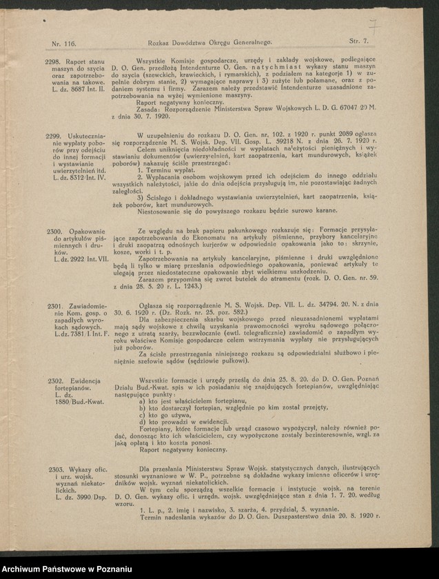 Obraz 9 z jednostki "/Rozkazy Dowództwa Okręgu Generalnego w Poznaniu/, nr 116-140."