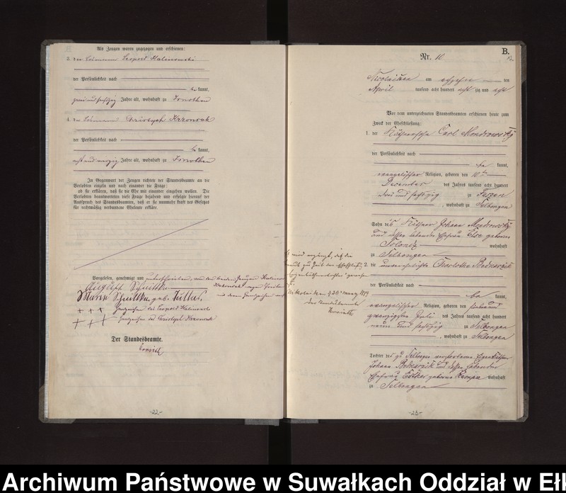 Obraz 14 z jednostki "Heiraths-Haupt-Register des Königlichen Preussischen Standes-Amtes /Stadt/ Nikolaiken Kreis Sensburg für das Jahr 1887 Nikolaiken Kreis Sensburg für das Jahr 1888"