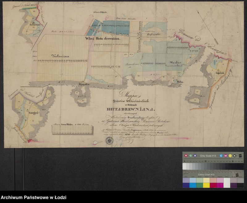 Obraz 1 z jednostki "Mappa guntów włościańskich w dobrach Huta Drewniana dziedzicznych ... Szatkowskiego Józefata w guberni Warszawskiej, powiecie piotrkowskim, okręgu radomskim położonych"