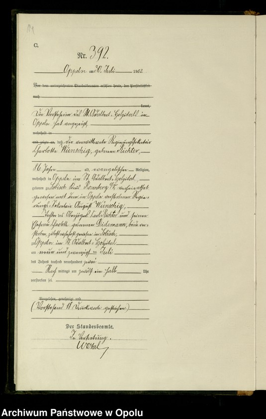 Obraz 17 z jednostki "Urząd Stanu Cywilnego w Opolu 1902 Rejestr zgonów Księga Miejscowa Nr 378 do 633"