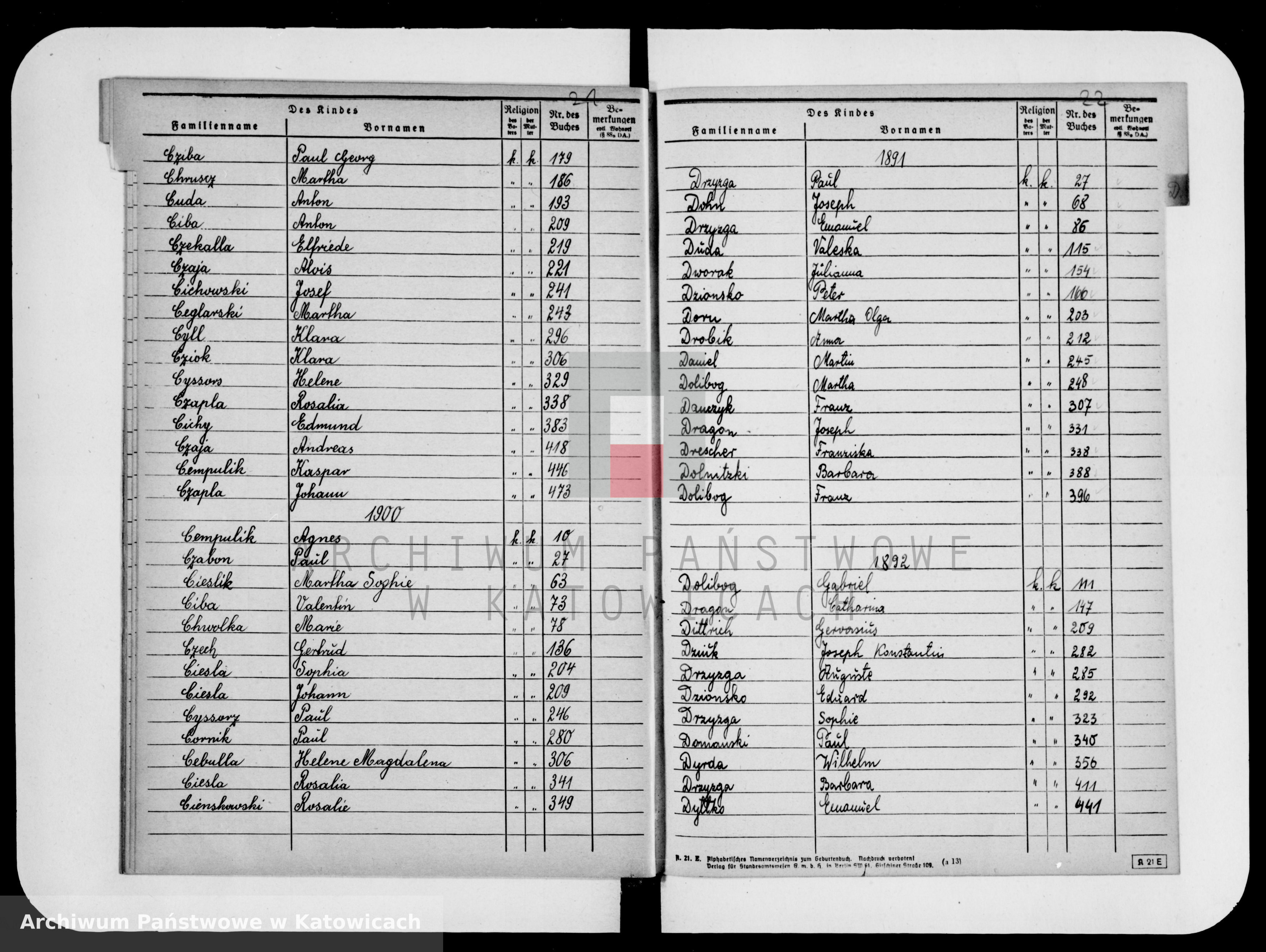 Skan z jednostki: Skorowidz do ksiąg urodzeń za lata 1891-1900