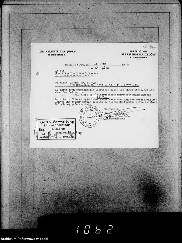 Obraz 17 z jednostki "J.721-740 [Wnioski Żydów z Getta o zwrot należności za dostarczony towar]"