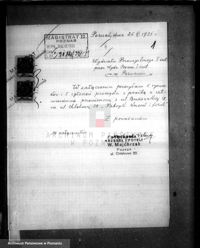 Obraz 5 z jednostki "Zatwierdzenie zakładu przemysłowego /fabryki krzeseł i foteli / W. Majchrzaka w Poznaniu"