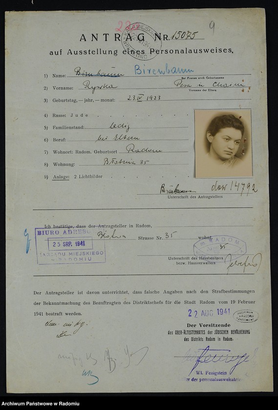 image.from.unit.number "[Wnioski o wydanie dowodów osobistych oraz nie odebrane dowody Birenbaum Rachela - Blass]"