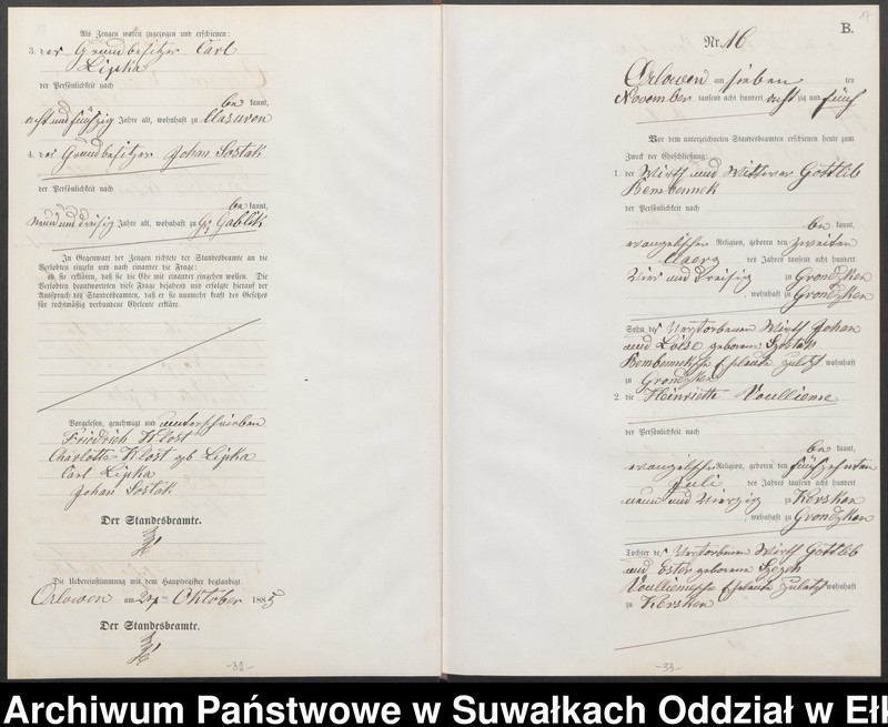 image.from.unit.number "Heiraths-Neben-Register des Preussischen Standes-Amtes Orlowen Kreis Loetzen für das Jahr 1885"