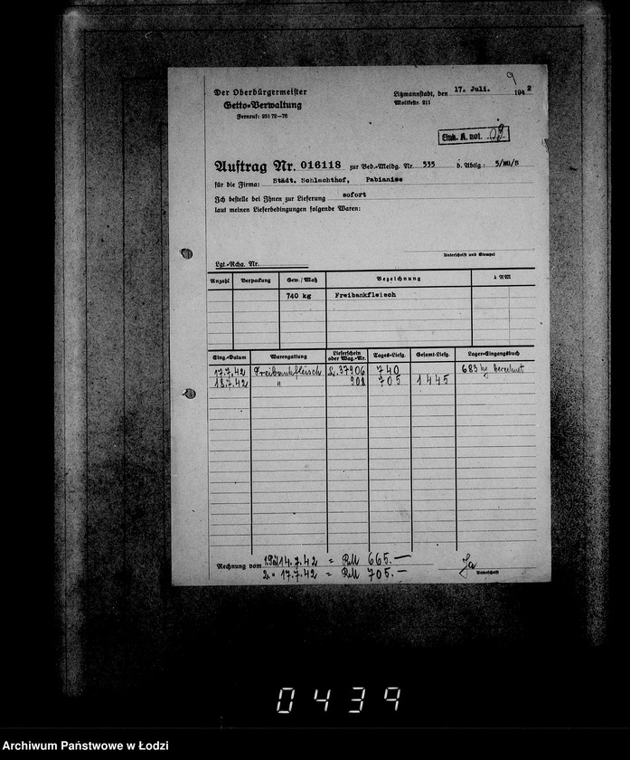 Obraz 12 z jednostki "Aufträge, [Lieferscheinen und Rechnungen] 16051-16121 [Zamówienia, rachunki, dowody dostaw, zapotrzebowania na żywność dla Getta]"