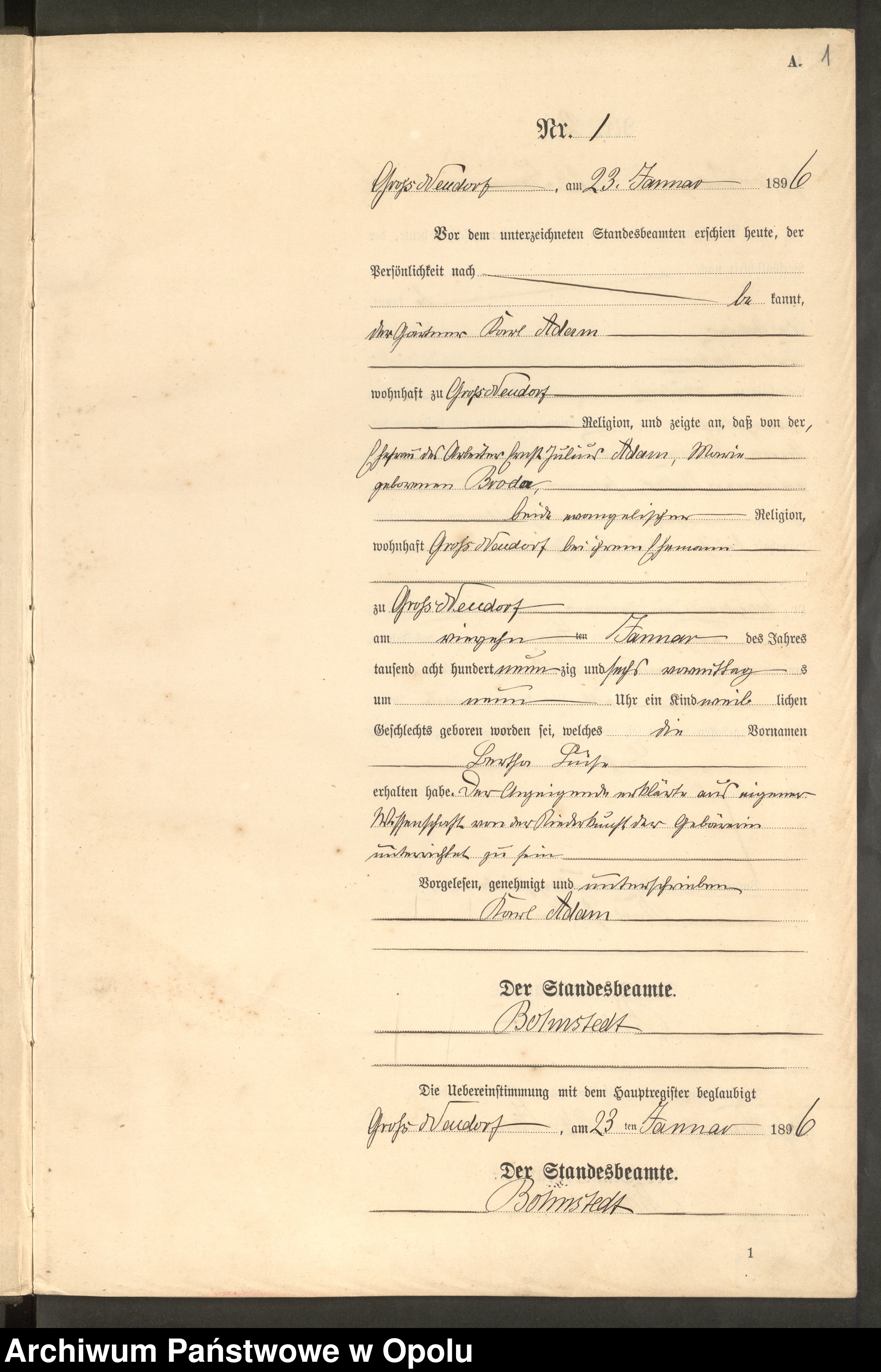 Skan z jednostki: Geburts-Neben-Register Standes-Amt Gross Neudorf 1896