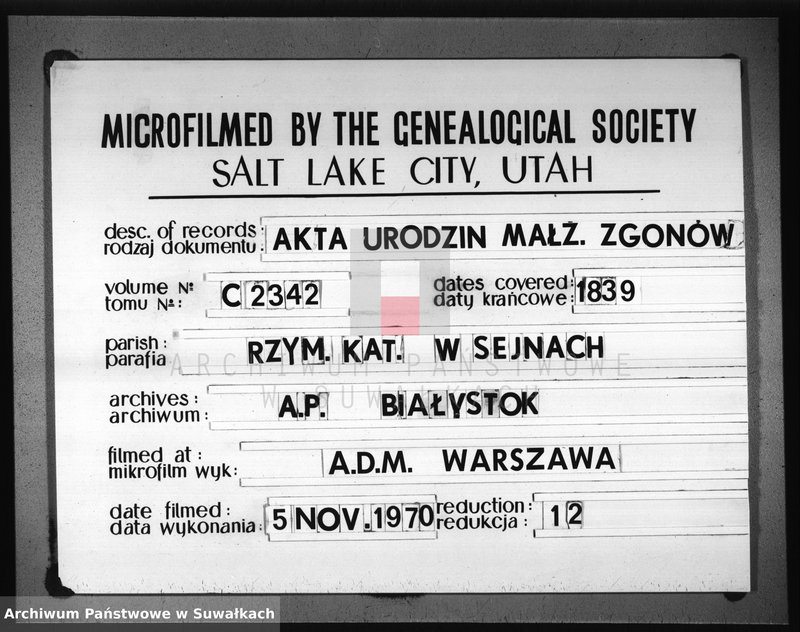 image.from.unit.number "Księga duplikat urodzeń, małżeństw i zejść parafii seyneńskiey 1839"