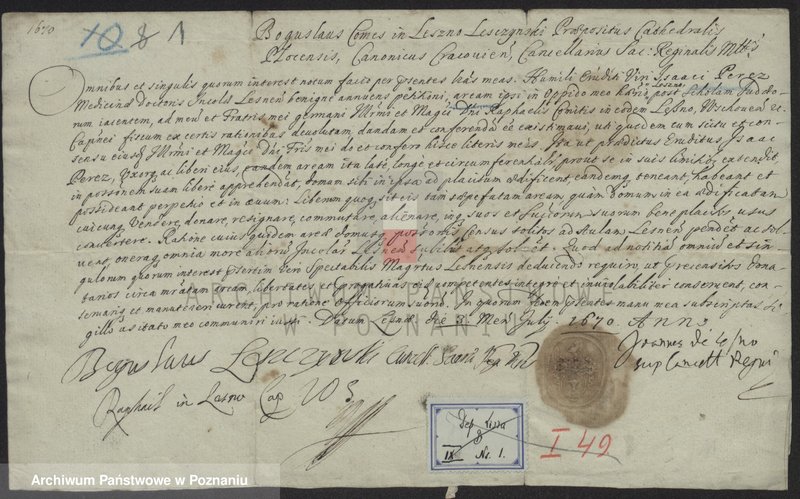 image.from.unit.number "Bogusław, hrabia na Lesznie Leszczyński, proboszcz katedralny płocki, kanonik krakowski, kanclerz J.K.Mci, ... oznajmia, że nadaje doktorowi medycyny Izaakowi Perczowi"