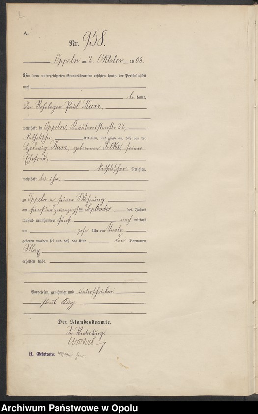Obraz 6 z jednostki "Urząd Stanu Cywilnego w Opolu 1905 Rejestr Urodzeń miejscowa Nr 958 do 1287"