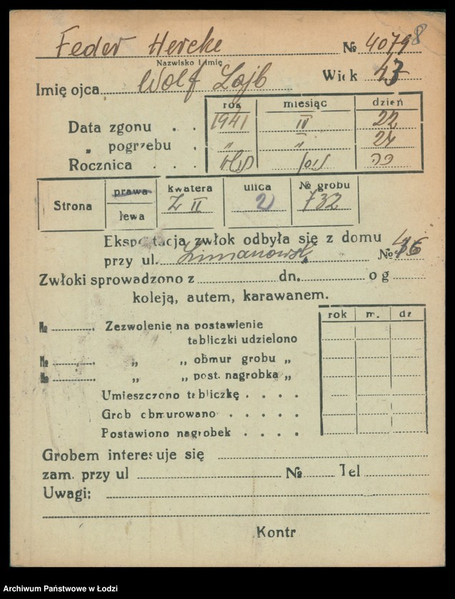 Obraz 9 z jednostki "Kartoteka osób pochowanych na cmentarzu żydowskim przy ulicy Brackiej w latach 1892-1961. Nazwiska na litery: Fe-Fisch"